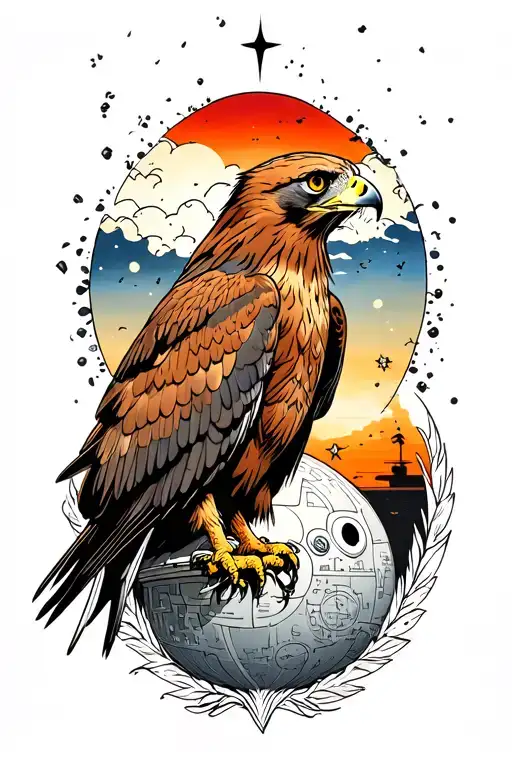 red tail hawk with death star in distance tattoo design idea