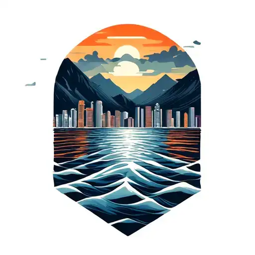 the sea, the city on the shore and some brazilian mountains on the background tattoo design idea