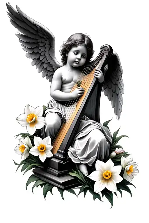 baby angel playing harp surrounded by daffodils tattoo design idea