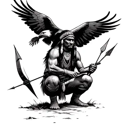 A crouching Indian holding a broken arrow with two arrows in a quiver and an eagle flying overhead tattoo design idea