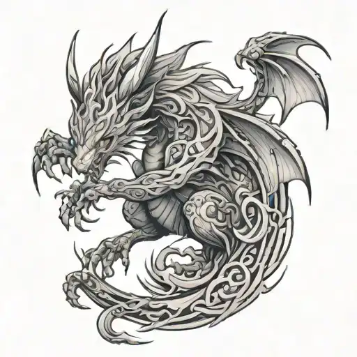 Design a woodwork-inspired tattoo of a mythical creature inspired by Natsu Dragnir's fiery abilities tattoo design idea