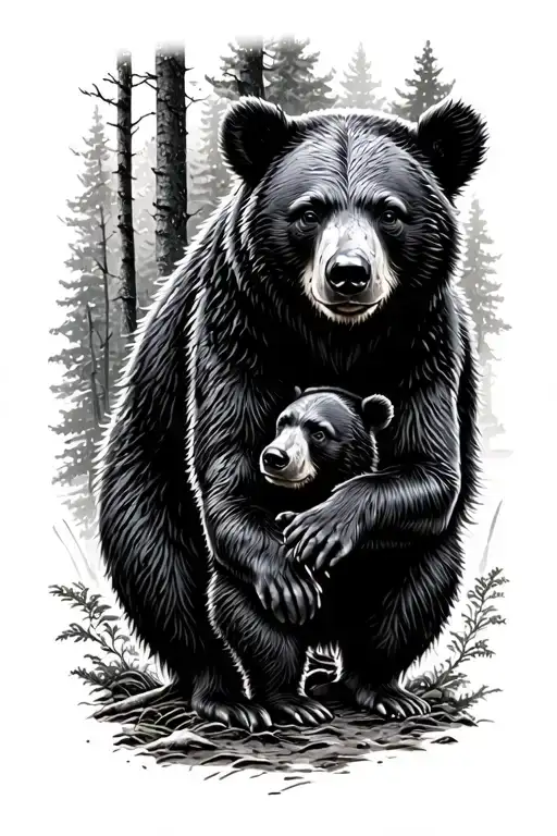 black bear cubs playing in a forest tattoo design idea