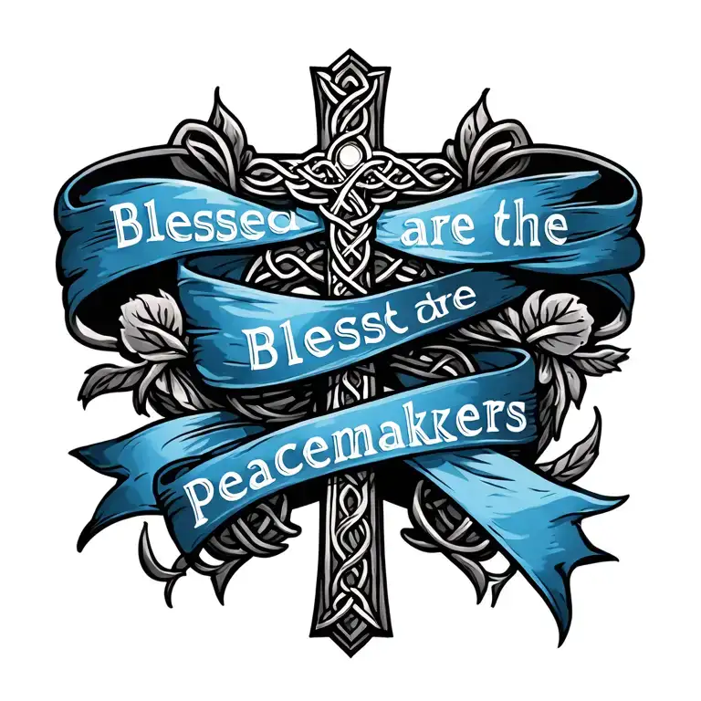 "Blessed are the Peacemakers" celtic cross with blue ribbon/sash wrapped containing Blessed are the Peacemakers tattoo design idea