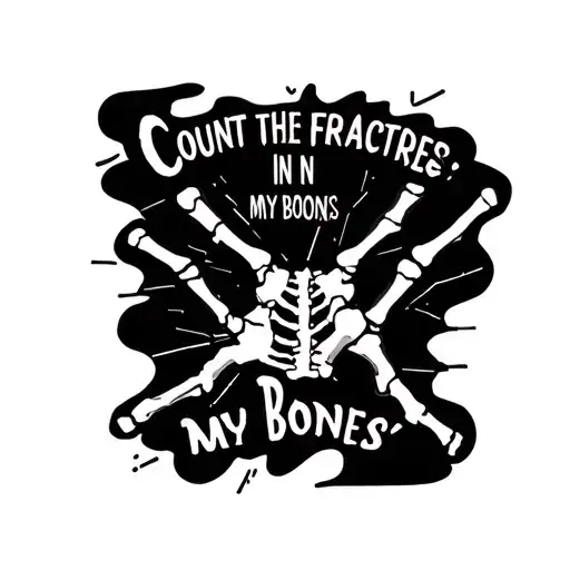 The text" count the fractures in my bones" in a bold font and an image of broken bones on an xray tattoo design idea