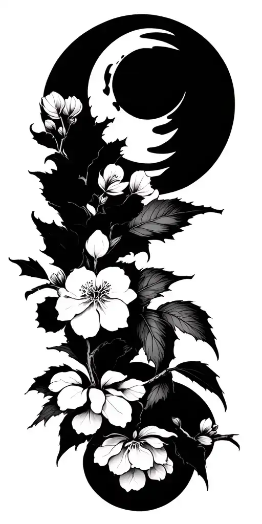 Japanese cherry with moon and sun in the background tattoo design idea