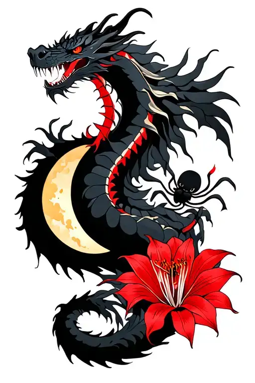 evil black dragon with red spider lily and half moon tattoo design idea