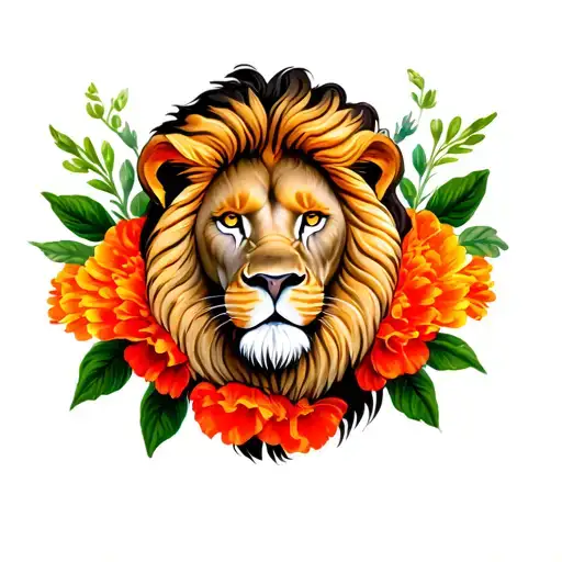 lion out of a french marigold flower in color tattoo design idea