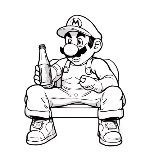 mario sitting down with a beer bottle in hand tattoo design idea