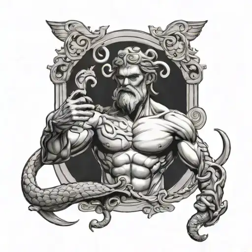 greek god holding rod intertwined with snake tattoo design idea
