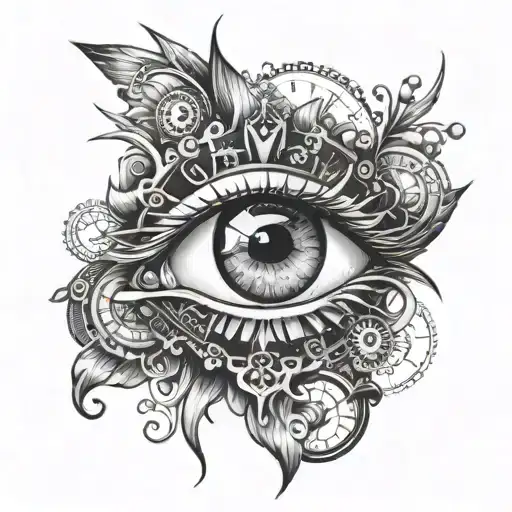 an anime style drawn eye with a detailed clock in the shape of the eye. include cool extra details. no color tattoo  tattoo design idea