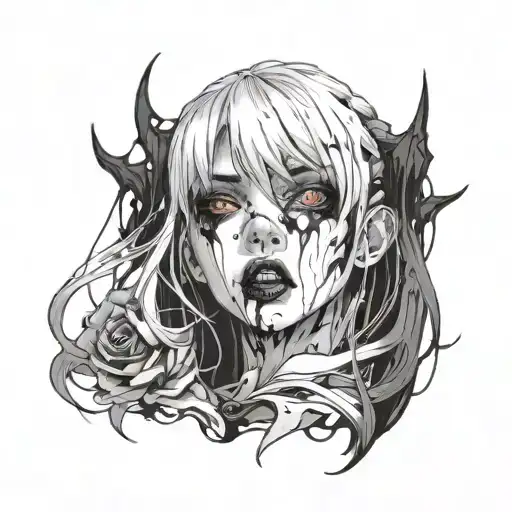 Black And White Anime Girl gore horror gothic Style  tattoo design idea