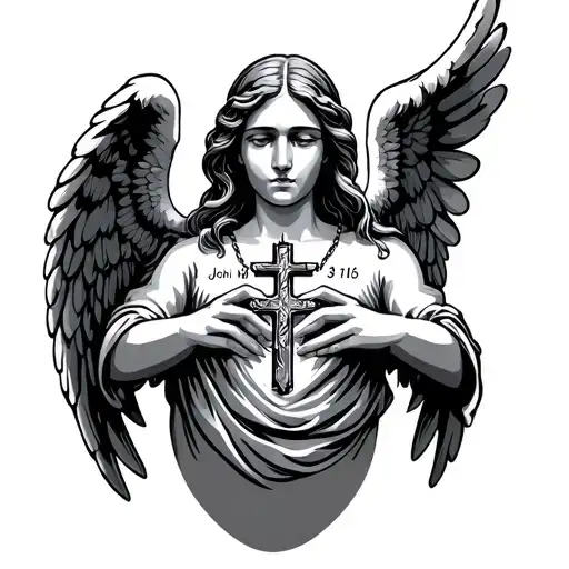 angel wings with prayer hands and cross necklace on hands. With John 3:16 tattoo design idea