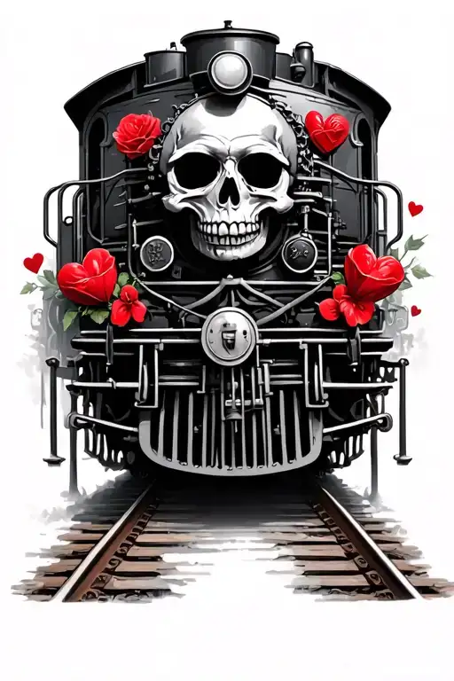 train, skulls, hearts tattoo design idea