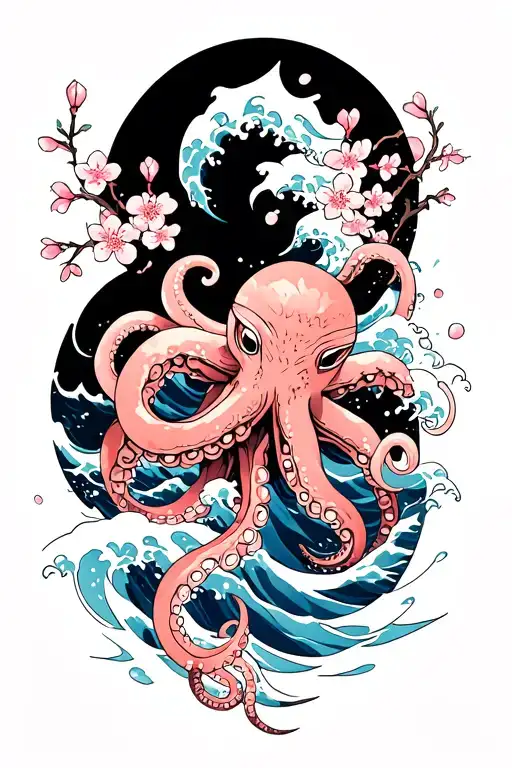 japaense water waves, cherry blossoms scattered, octopus tentacles wrapped around tattoo design idea