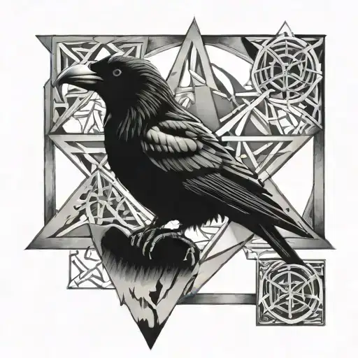 A geometric design featuring a Wiccan pentagram and elements of a crow and a dog tattoo design idea