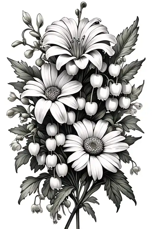 Daisy flower, lily of the valley and larkspur flower tattoo design idea