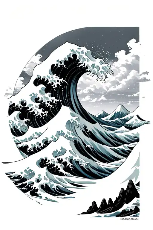 the great wave crashing with a mountain scene below it tattoo design idea
