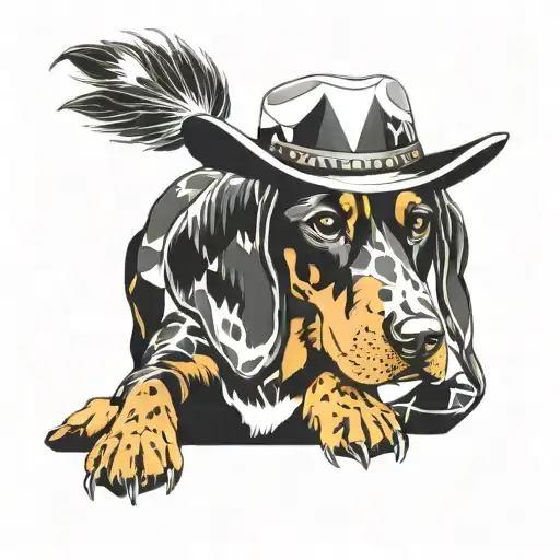 black white and tan coonhound puppy dressed as a cowboy tattoo design idea