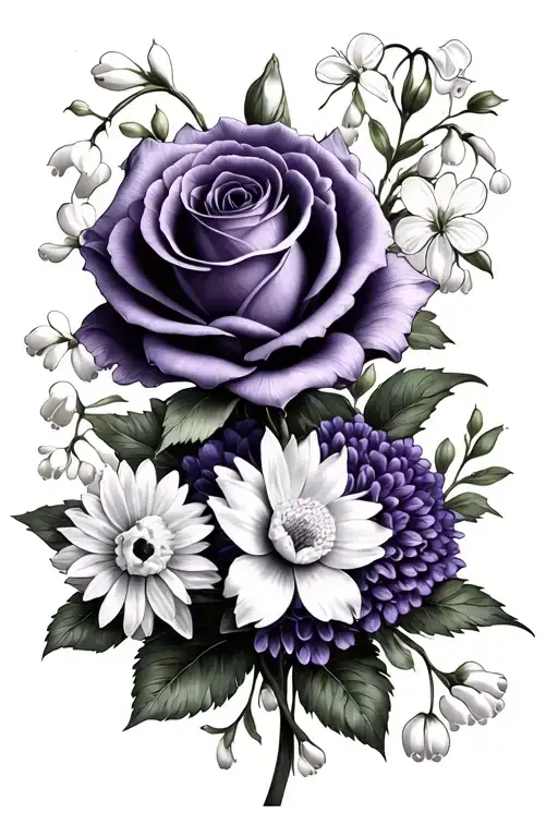 violet, Lilly of the valley, rose, chrysanthemum, and narcissus flowers tattoo design idea
