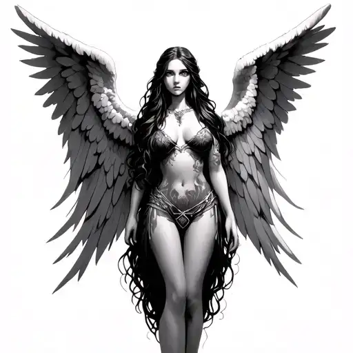 female angel with six wings spread wide and eyes on the wings her having beautiful long hair and no face  tattoo design idea