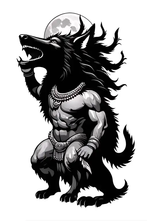 Hanuman Gada, trishul and wolf howling at the moon tattoo design idea