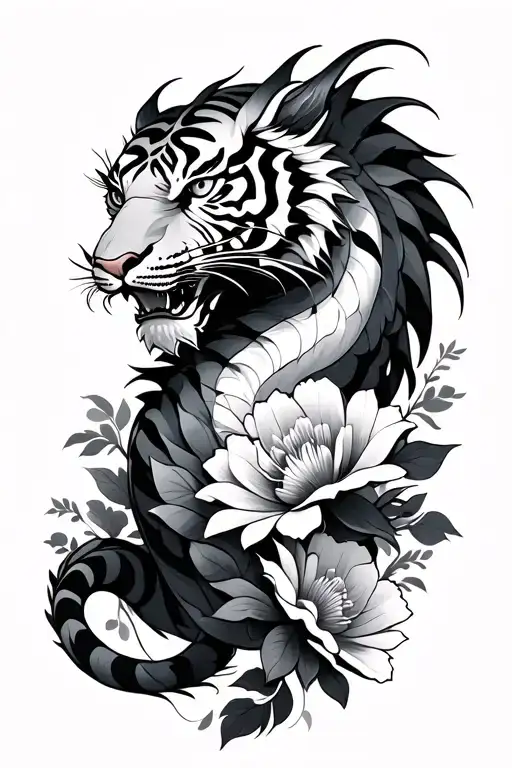Dragon and Tiger with Flores de Loto tattoo design idea