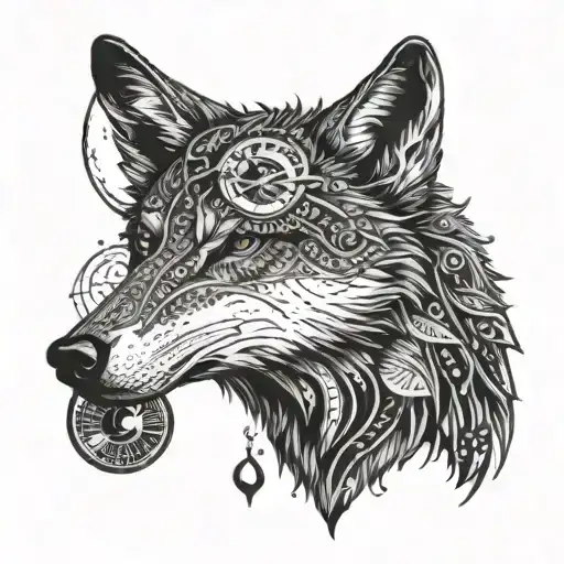 An elegant wolf howling at the moon, with a small music box embedded in its chest, in dotwork style tattoo design idea