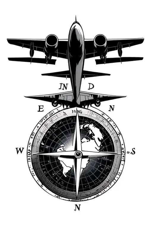 worldwide travel, compass, plane, globe tattoo design idea
