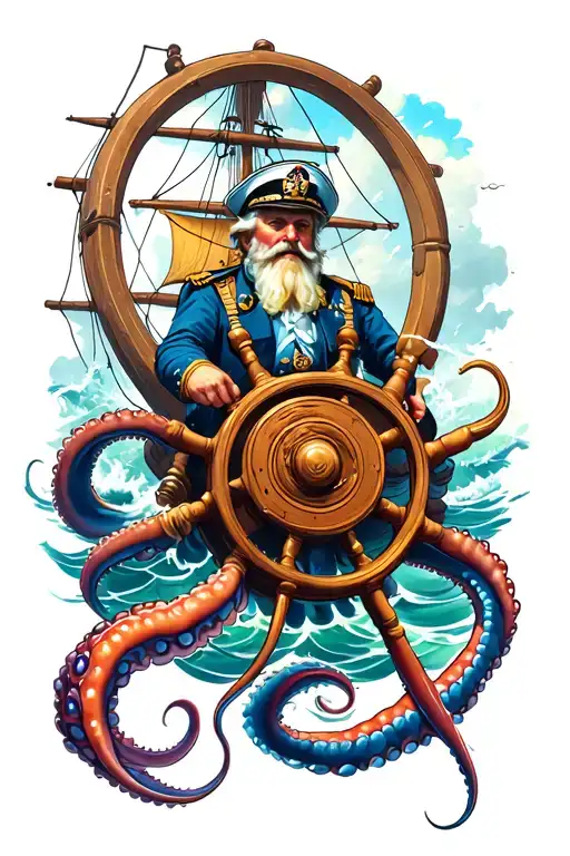 old Captain at the wheel of a  sailing ship in the sea. under the water is a giant squid. with futuristic ideas also  tattoo design idea