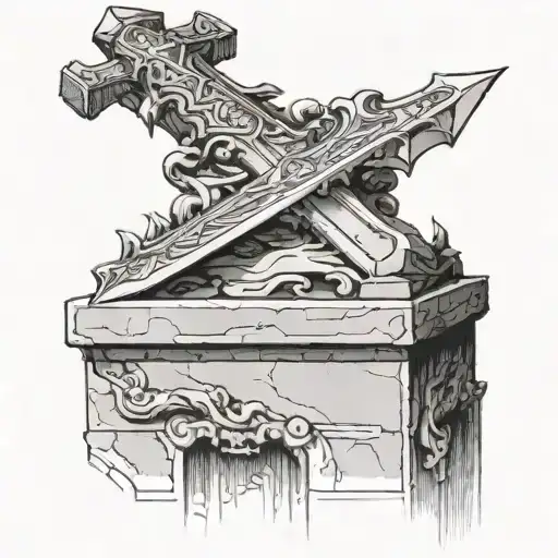 the sword excalibur, burried In a stone plinth, on the street of a city. the city should be a city from today  tattoo design idea