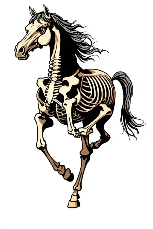 horse skeleton with angry eyes galloping from side view tattoo design idea