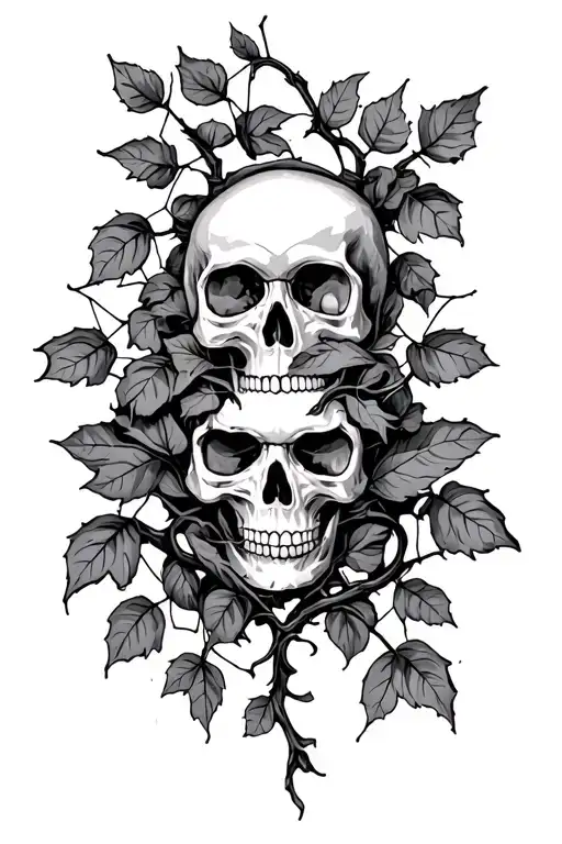 vine with leafs, skulls and spiders webs wrapping tattoo design idea