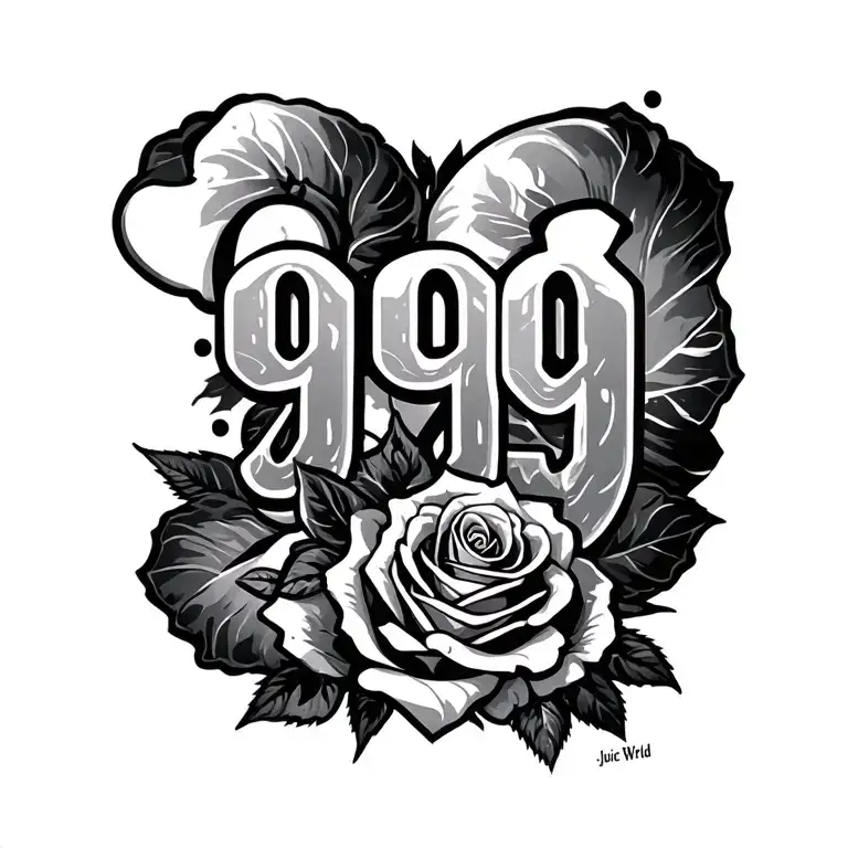 the numbers 999 Juice Wrld, Rose wrapping around them tattoo design idea