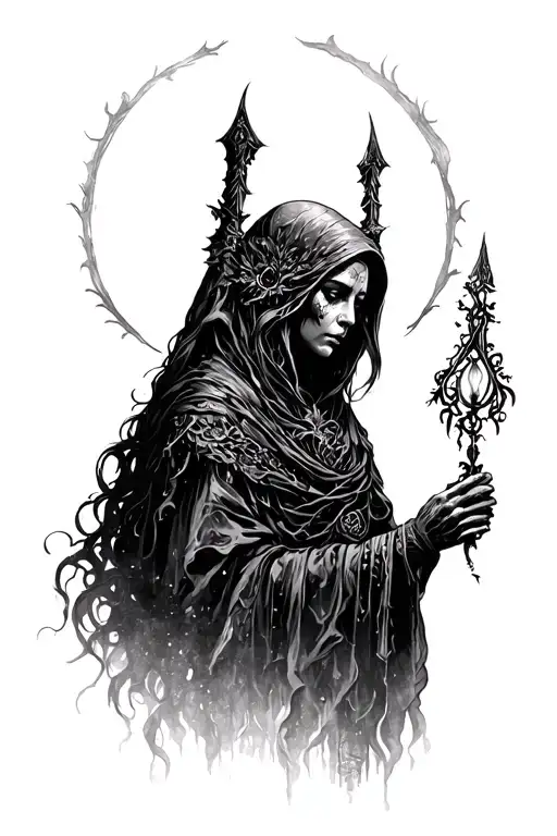 The Warden she is an ancient, non-human, solemn figure that emerges from the fog to watch over memories, loss.  tattoo design idea