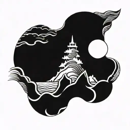 ocean serenity scene with island mountains in the distance  tattoo design idea