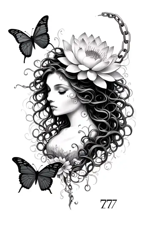 medusa with butterflies sn lotus flowr with chain and 777 tattoo design idea