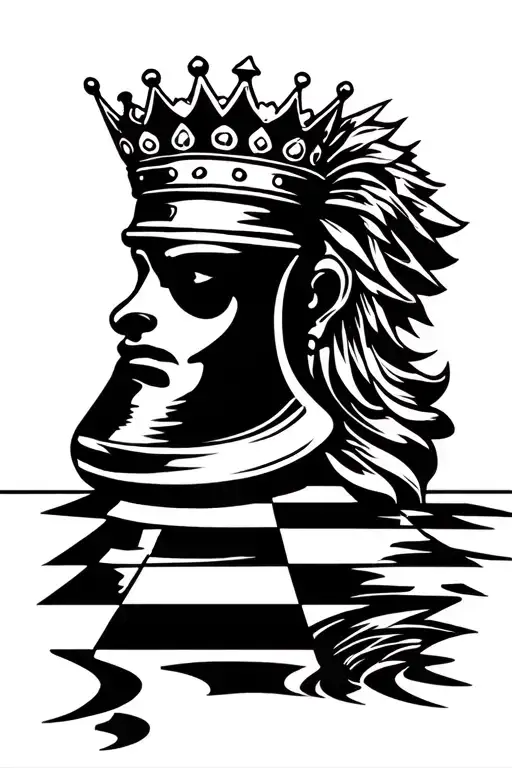 pawn with crown in it head on the chessboard and down of the image reflection of that but in the reflection show a king  tattoo design idea