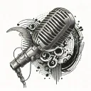 A detailed black and grey tattoo of a vintage microphone surrounded by musical notes and sound waves tattoo design idea