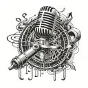 A detailed black and grey tattoo of a vintage microphone surrounded by musical notes and sound waves tattoo design idea