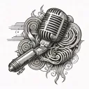 A detailed black and grey tattoo of a vintage microphone surrounded by musical notes and sound waves tattoo design idea