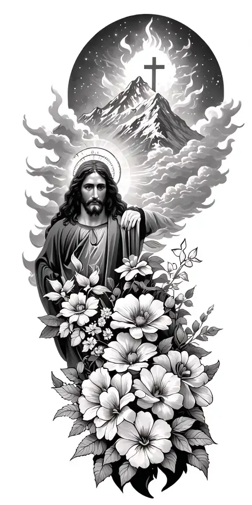 Jesus Christ's resurrection, different types of flowers, Trees, clouds of fire, nature, stars, mountains, strength tattoo design idea