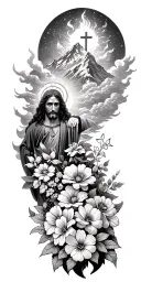 Jesus Christ's resurrection, different types of flowers, Trees, clouds of fire, nature, stars, mountains, strength tattoo design idea