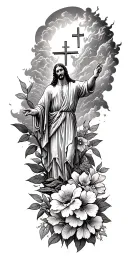 Jesus Christ's resurrection, different types of flowers, Trees, clouds of fire, nature, stars, mountains, strength tattoo design idea