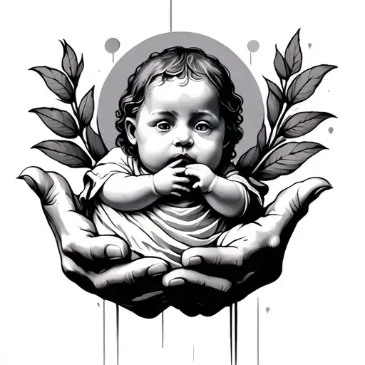 the hands of god holding wiping away tears from a baby eyes tattoo design idea