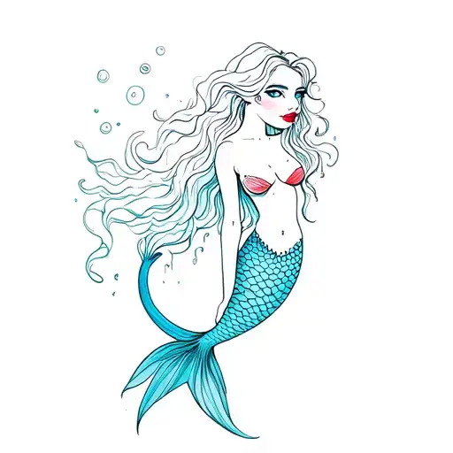 mermaid with a very big tail blue eyes red lips and faded tones tattoo design idea