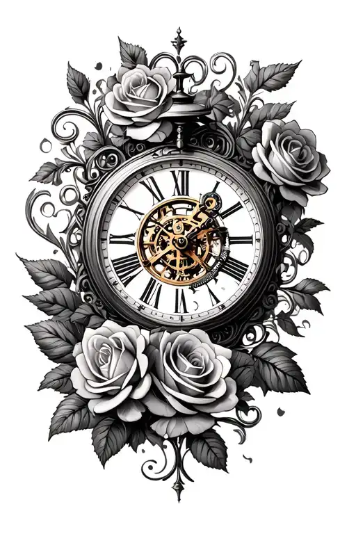 steampunk clock face surrounded by roses and filigree tattoo design idea