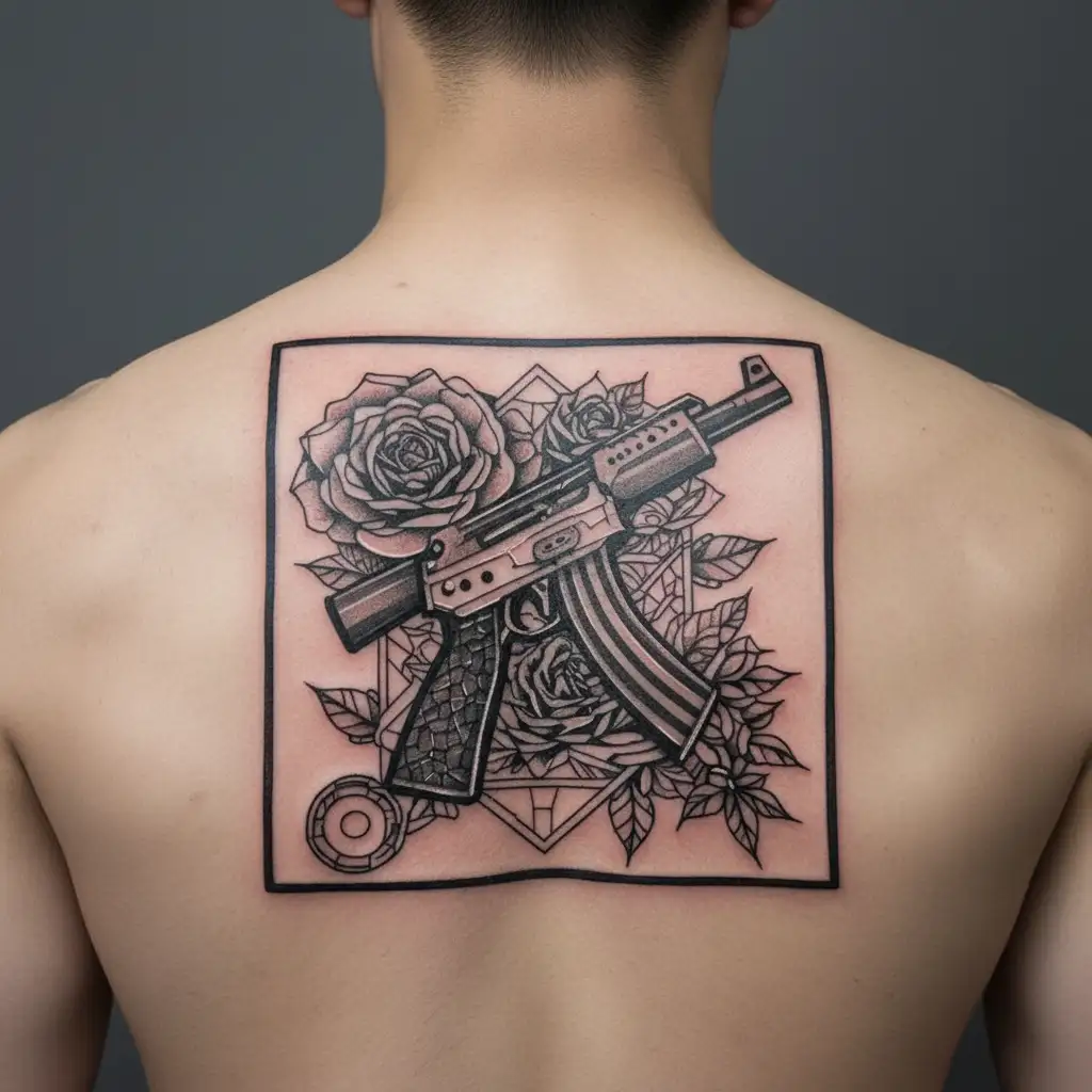 Knife,AK-47,rose,textfuckthepolice tattoo design idea