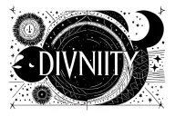 celestial elements like suns and moons and stars and right below the word divinity in small bold letters in the middle tattoo design idea