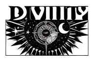 celestial elements like suns and moons and stars and right below the word divinity in small bold letters in the middle tattoo design idea