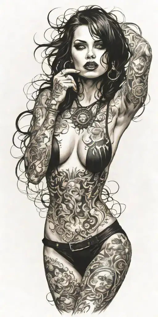 darkly alluring full nude goth girl rocking out tattoo design idea